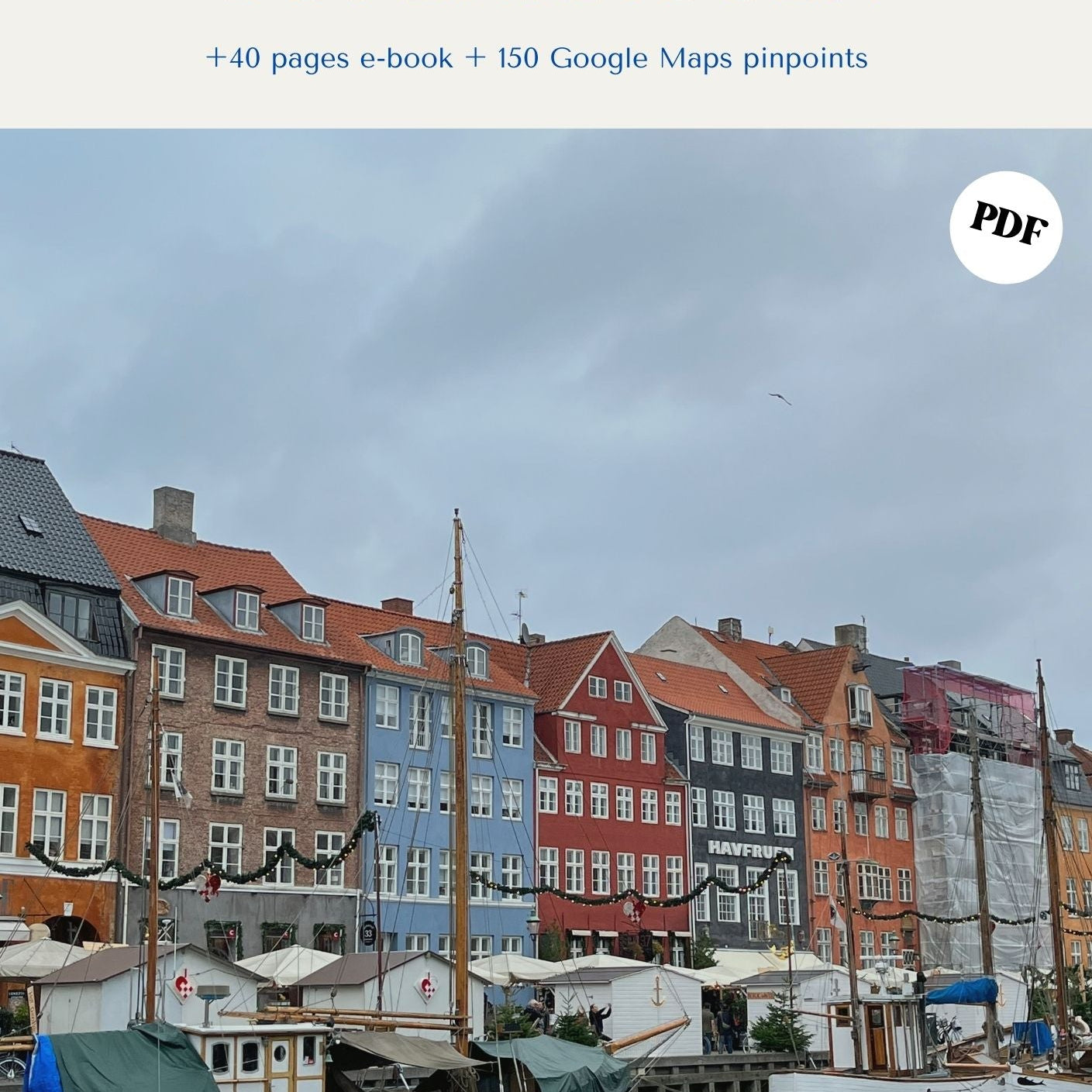 Portada de la guía de Copenhague de Pipin & Mire con las casas de colores y los barcos de Nyhavn