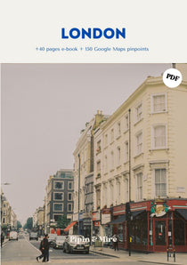Portada de la guía de viaje de Londres en PDF de Pipin & Mire, con una calle de casas blancas