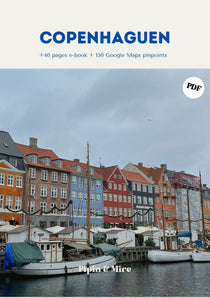 Portada de la guía de viaje de Copenhague en PDF de Pipin & Mire, con las casas de colores de Nyhavn